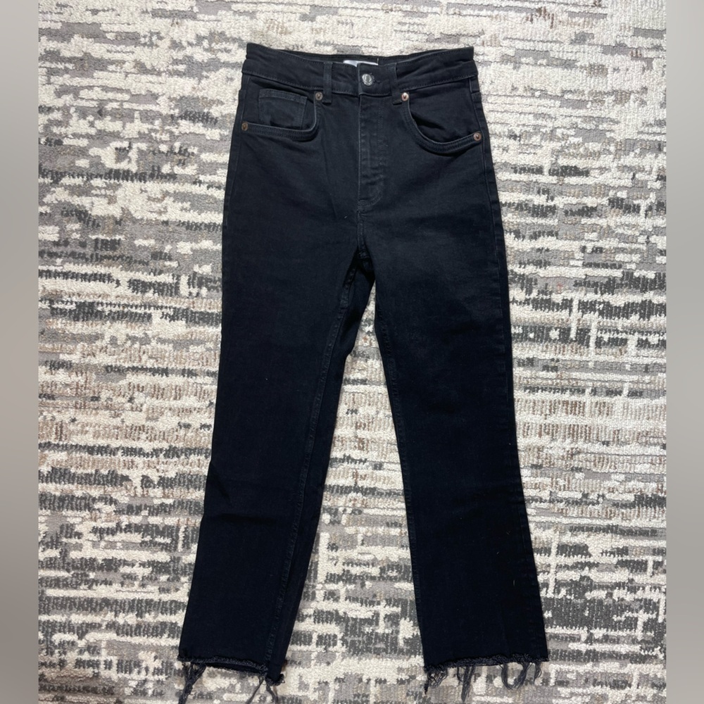 Zara Black Highrise Cropped Raw Hem Straight Leg Jeans Cotton - Picture 4 of 13